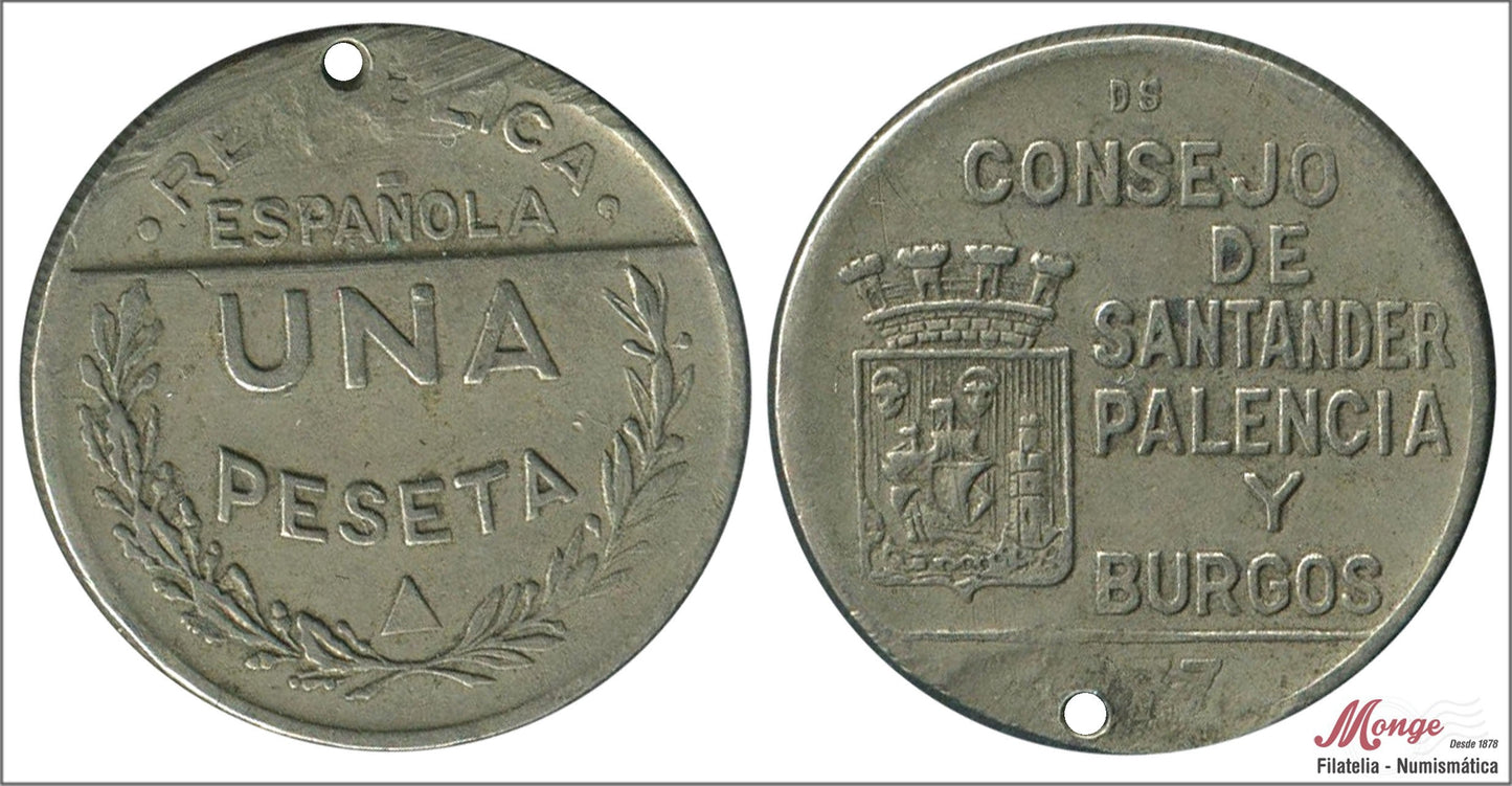 España - 1937 - Guerra Civil - Nº 00202 - MBC - / VF- - Santander/Palencia/Burgos 1 pta.1937 Cu/Ni - pequeña perforación