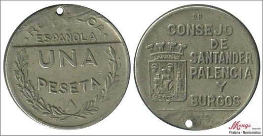 España - 1937 - Guerra Civil - Nº 00202 - MBC - / VF- - Santander/Palencia/Burgos 1 pta.1937 Cu/Ni - pequeña perforación