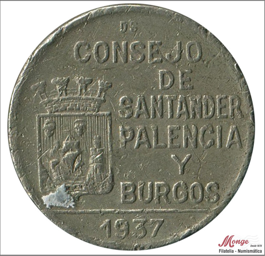 España - 1937 - Guerra Civil - Nº 00202 - RC / VG - Santander/Palencia/Burgos 1 pta.1937 Cu/Ni - pequeña perforación