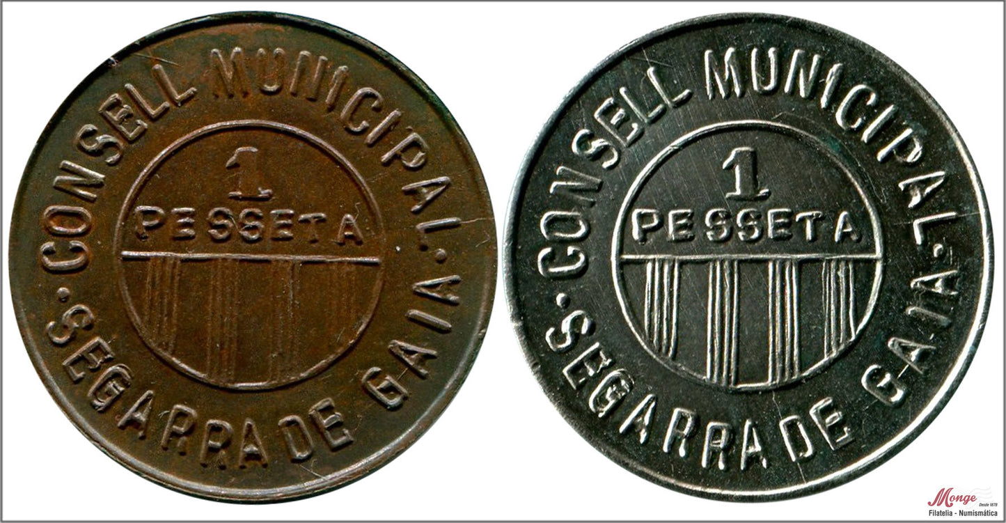 España - 1937 - Guerra Civil - Nº 00227/28F - S/C- aUNC - Segarra de Gaia 1pta. Niquel y Cobre / Sin fecha (2 monedas) / Sin Gar