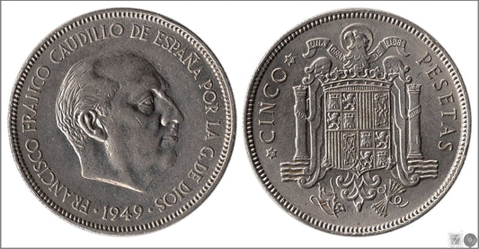 España - 1949 - Franco - Nº 00303 - BC / F - 5 pesetas 1949 (*49)