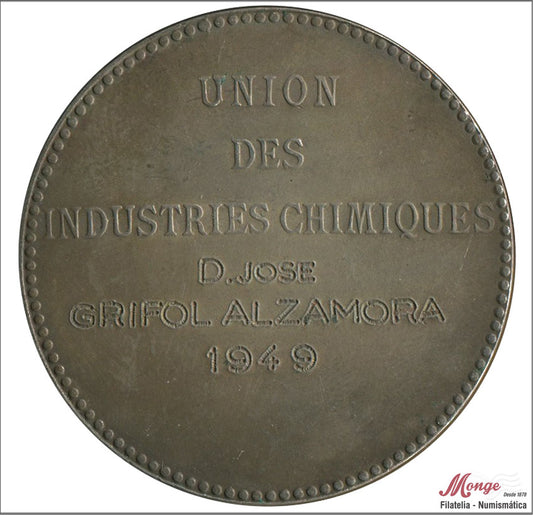 España - 1949 - Medalla - MBC+ / VF+ - España-Francia / Alegoria de Lousier - R Union des Insustries Chimiques - Nombre del Rece