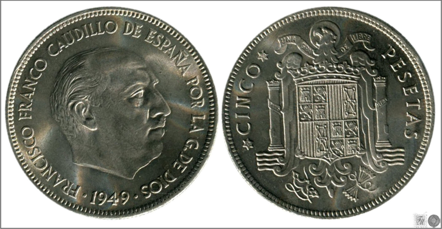 España - 1950 - Franco - Nº 00304 - S/C / UNC - 5 pesetas 1949 (50)