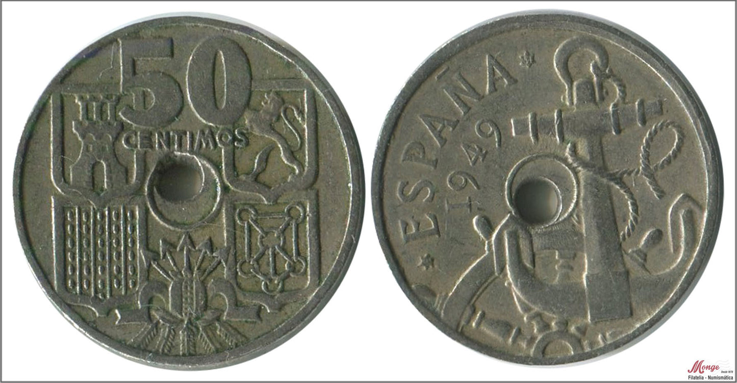 España - 1951 - Franco - Nº 00249 - Muy Buena conservación - MBC / VF - 50 centimos 1949 (*51) Agujero desplazado