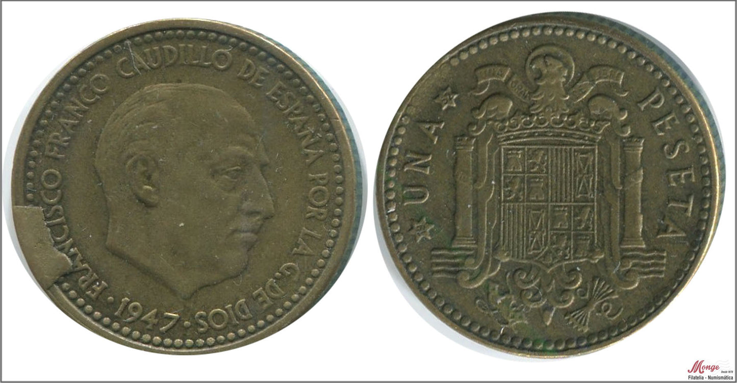 España - 1952 - Franco - Nº 00273e - Muy Buena conservación - MBC / VF - 1 peseta 1947 (52) / Canto exceso metal