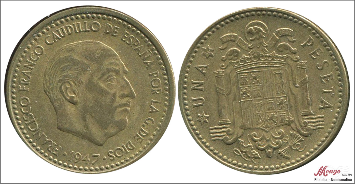 España - 1956 - Franco - Nº 00276 - MBC+ / VF+ - 1 peseta 1947 (56) / Con 56 rabo completo