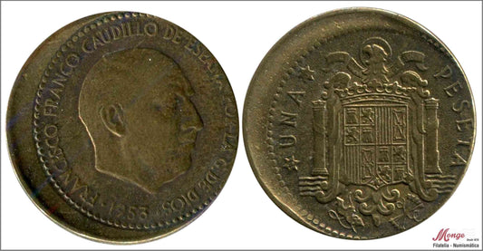 España - 1956 - Franco - Nº 00278d - MBC - / VF- - 1 peseta 1953 (56) / Desplazada Izquierda