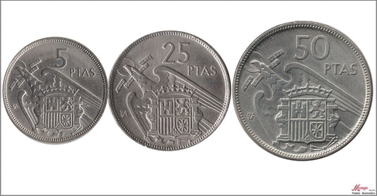 España - 1957 - Franco Series - Nº 00360/62 - EBC / EBC+ - 5/25/50 pta 1957 (BA) / Emitidas en Barcelona