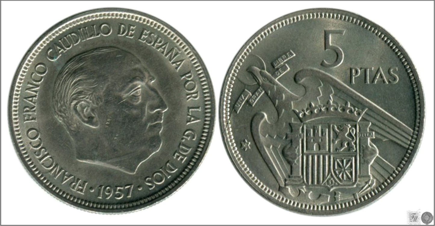 España - 1958 - Franco - Nº 00307 - Excelente conservacion - EBC / XF - 5 pesetas 1957 (58)