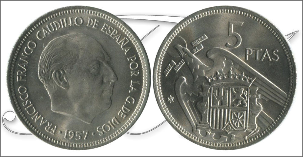 España - 1958 - Franco - Nº 00307 - S/C-/aUNC - 5 pesetas 1957 (58) / con plus-ultra