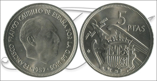 España - 1958 - Franco - Nº 00307 - S/C-/aUNC - 5 pesetas 1957 (58) / con plus-ultra