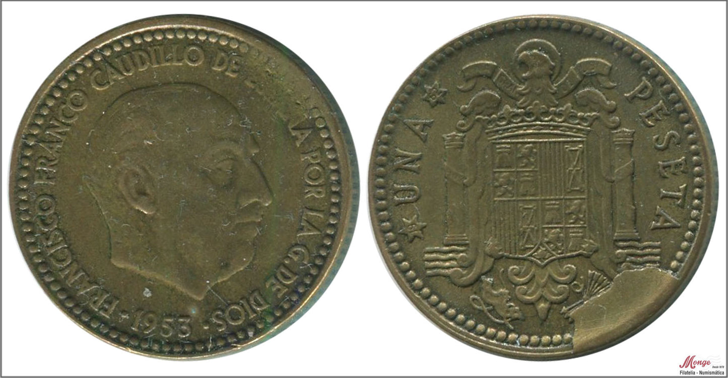 España - 1962 - Franco - Nº 00281e - Muy Buena conservación - MBC / VF - 1 peseta 1953 (62) / Empaste en escudo