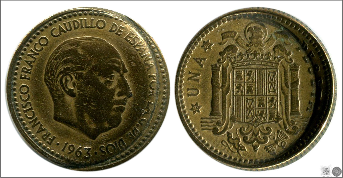 España - 1964 - Franco - Nº 00284D - Muy Buena conservación - MBC / VF - 1 peseta 1963 (*64) / Desplazada