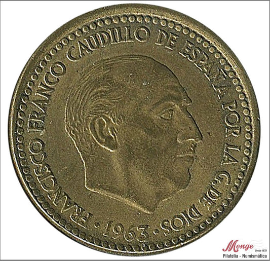 España - 1965 - Franco - Nº 00285V - EBC / XF - 1 peseta 1963 (*65) / Acuñación Desplazada