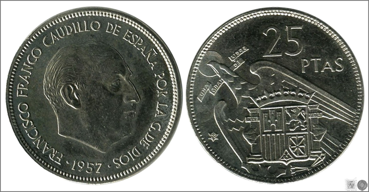 España - 1968 - Franco - Nº 00332 - S/C- aUNC - 25 pesetas 1957 (68)