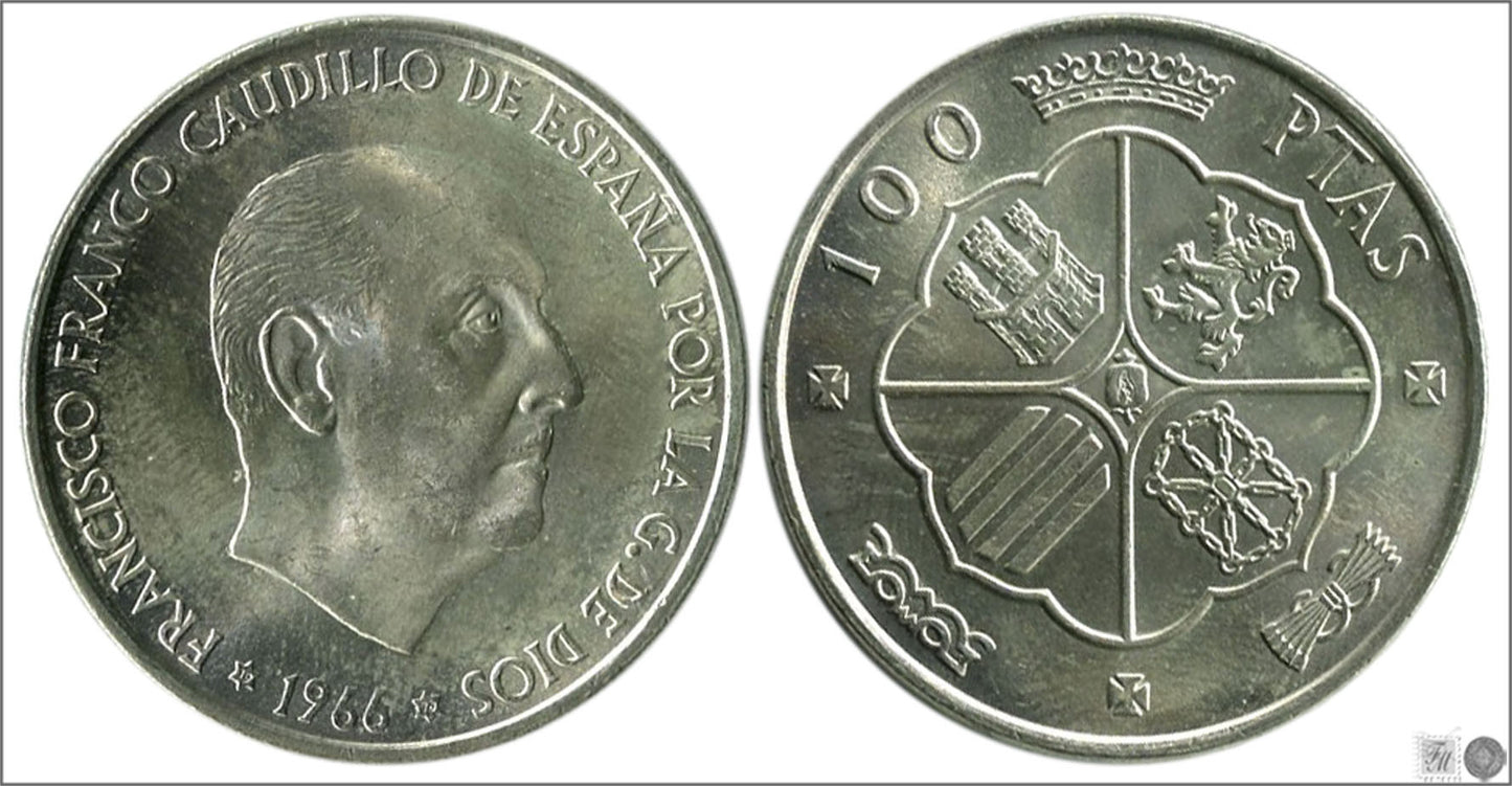 España - 1970 - Franco - Nº 00356 - S/C- aUNC - 100 pesetas 1966 (*19*70) / 19 gr. plata