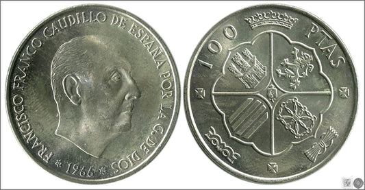 España - 1970 - Franco - Nº 00356 - S/C- aUNC - 100 pesetas 1966 (*19*70) / 19 gr. plata