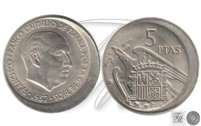 España - 1971 - Franco - Nº 00320 - Excelente conservacion - EBC / XF - 5 pta 1957 (71) / Preciosa desplazada