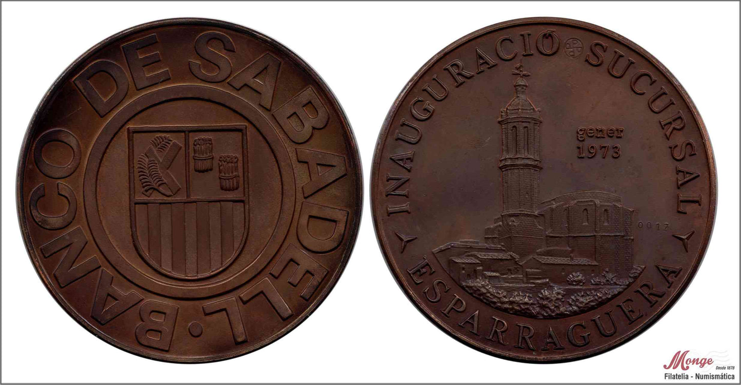 España - 1973 - Medalla - Nº CRU1935 - EBC+ / XF+ - Sucursal Banco Sabadell - Esparraguera/ cobre / 65 mm