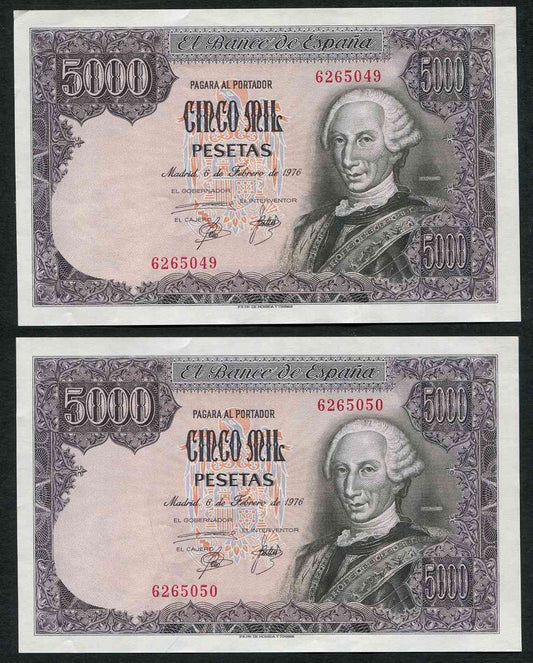 España - 1976 - Billetes Juan Carlos I - Nº 00525-PA - SC/UNC - 5000 pesetas 1976 sin serie / Pareja