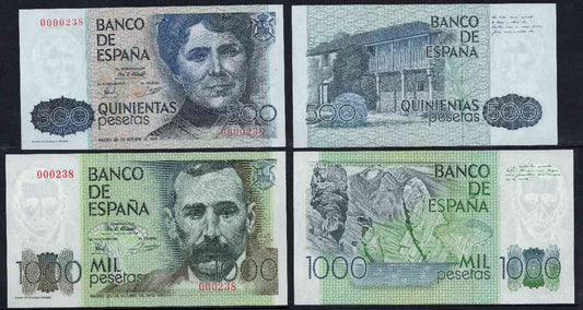 España - 1979 - Billetes Juan Carlos I - Nº 00523 - SC/UNC - 500 y 1000 pesetas 1979 sin serie / Numeracion Baja 238 y los 2 con