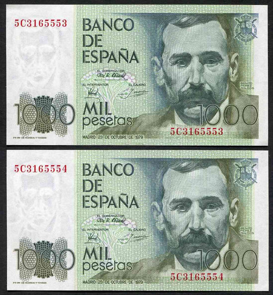 España - 1979 - Billetes Juan Carlos I - Nº 00524-PA - SC/UNC - 1000 pesetas 1979 serie 5C / pareja correlativa