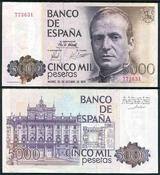 España - 1979 - Billetes Juan Carlos I - Nº 00527 - SC-/aUNC - 5000 pesetas 1979 sin serie / Error impresion debajo 5000 izq. y