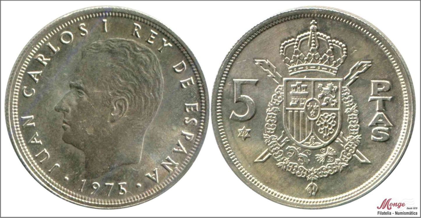 España - 1979 - Juan Carlos I - Nº 00372ag - S/C / UNC - 5 pesetas 1975 (*79) / En PLata 7,30 gramos / MUY RARA