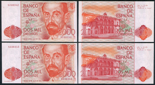 España - 1980 - Billetes Juan Carlos I - Nº 00531-PA - SC/UNC - 2000 pesetas 1980 sin serie Pareja correlativa