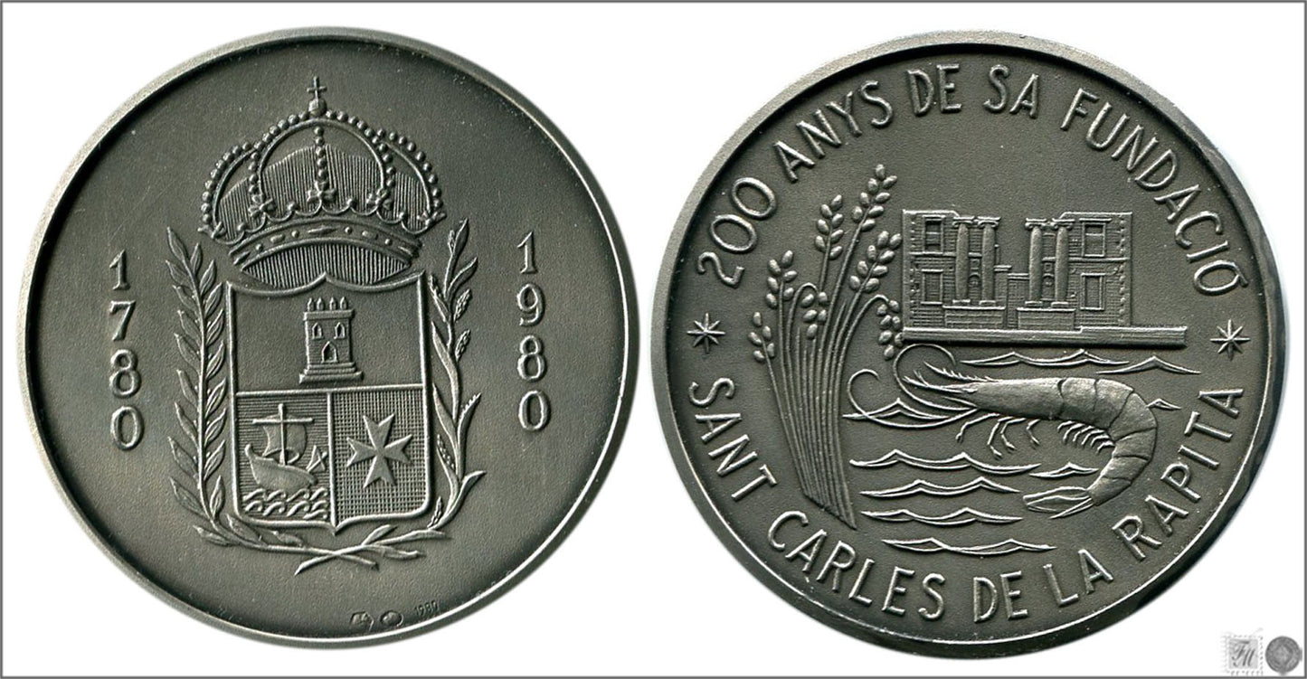 España - 1980 - Medalla - FDC / MS - Bicentenario Fundacion Sant Carles de la Rapita 1780-1980 / 25 gr. plata