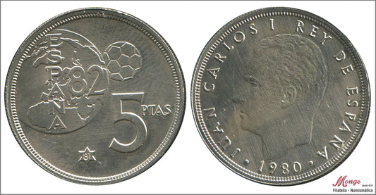 España - 1981 - Juan Carlos I - Nº 00389ag - S/C / UNC - 5 pesetas 1980 (*81) Mundial / En plata - 6,95 gr. / Muy Rara