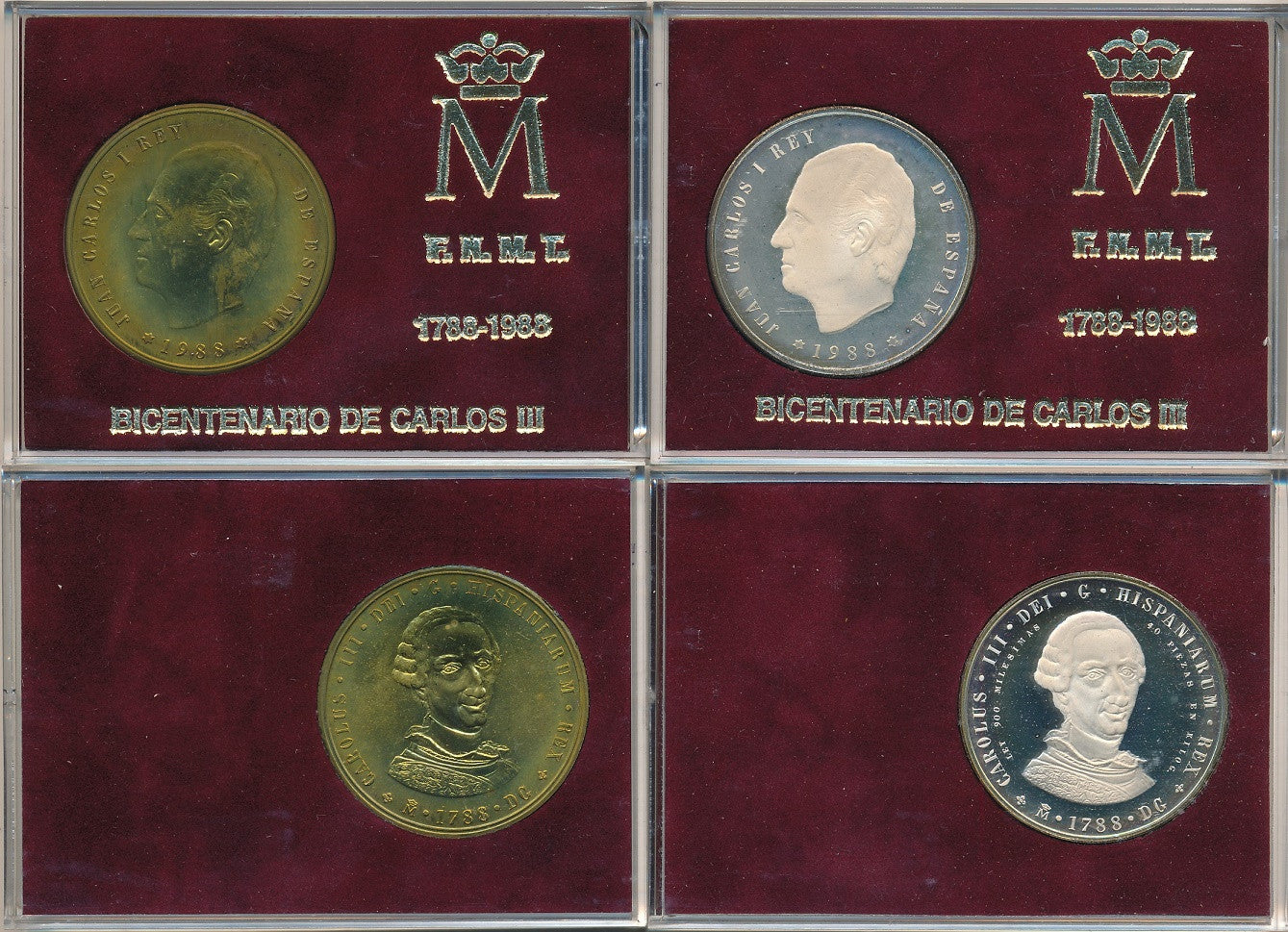 España - 1988 - Juan Carlos I Carteras - Nº 0571A - FDC / MS - Año 1988 Bicentenario Carlos III -FNMT- 25 gr. plata / 2 Medallas