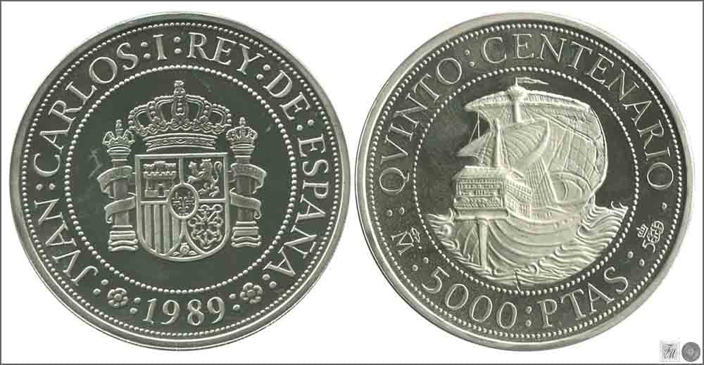 España - 1989 - Conmemorativas FNMT - Nº 00630 - FDC / MS - 5000 ptas. 1989 V.centenario 1ª serie / 54 gr. plata / En estuche