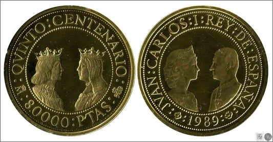 España - 1989 - Conmemorativas FNMT - Nº 00633 - PROOF - 80000 ptas. V. Centenario Iª / Reyes Catolicos / 27 gr. oro puro / En E