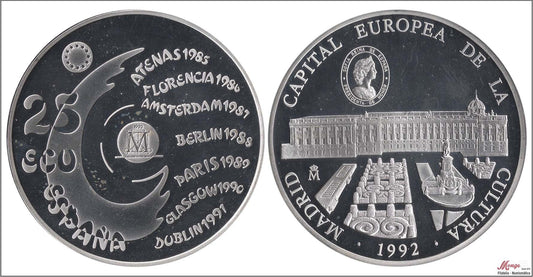 España - 1992 - Conmemorativas FNMT - Nº 00613 - PROOF - 25 Ecu 1992 / 168,75 gr. plata / En Capsula