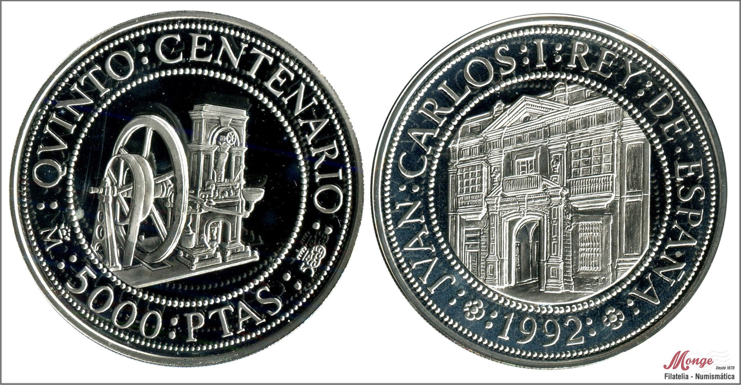 España - 1992 - Conmemorativas FNMT - Nº 00659 - PROOF - 5000 ptas. 1992 V. centenario IV / 54 gr. plata / En Capsula