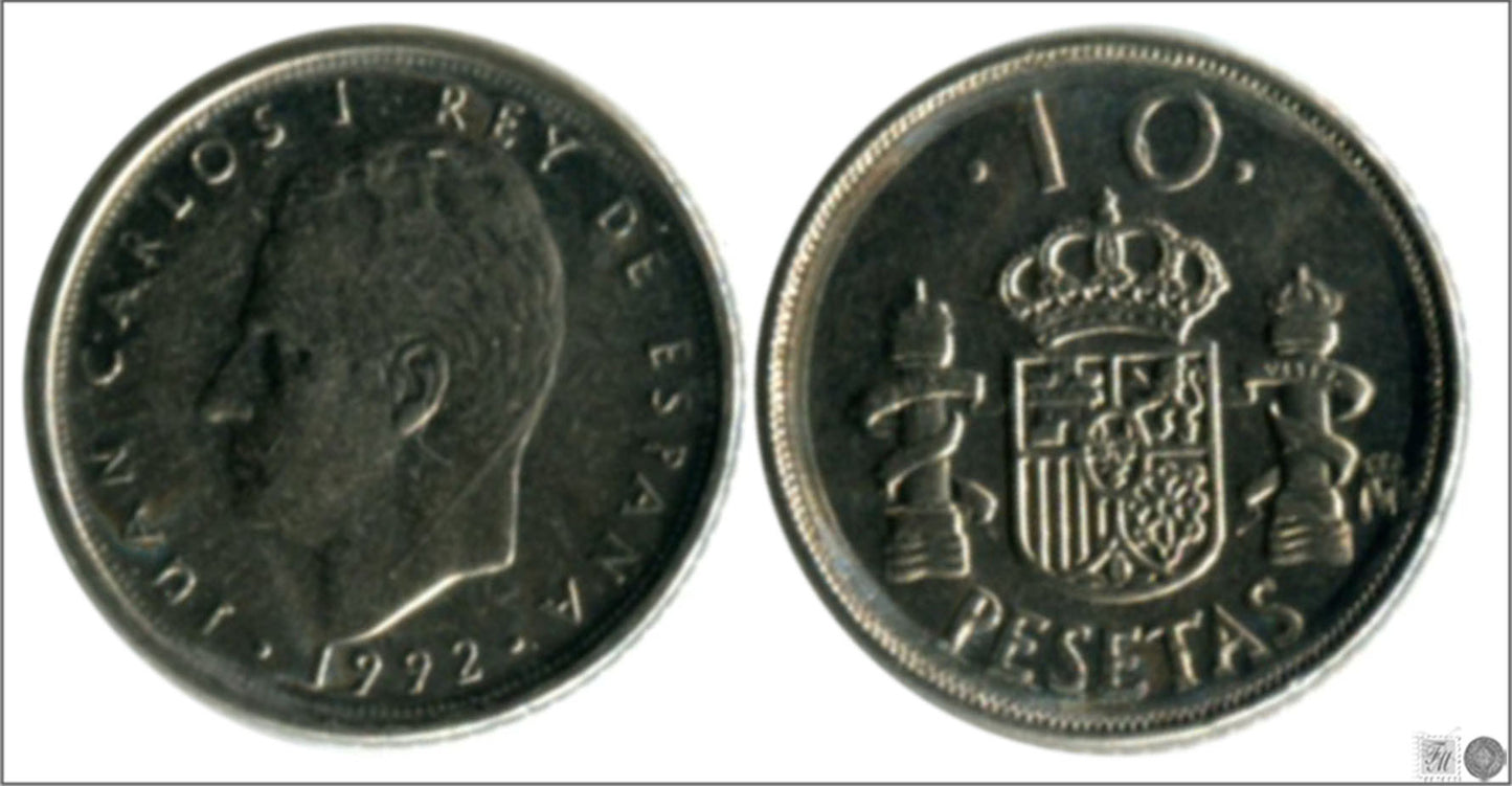 España - 1992 - Juan Carlos I - Nº 00456 - S/C / UNC - 10 ptas 1992 / Variante de cuño en "J"