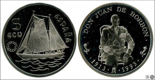 España - 1993 - Conmemorativas FNMT - Nº 00615 - PROOF - 5 Ecu 1993 / Juan de Borbon / 33,62 gr. plata / 1 Onza de plata