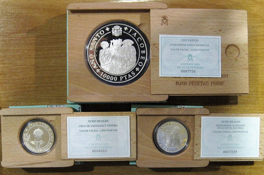 España - 1993 - Conmemorativas FNMT - Nº 00694/96 - PROOF - 10000 y 2 x 2000 ptas Año Santo Jacobeo´ 1993 (3 monedas) / En estu