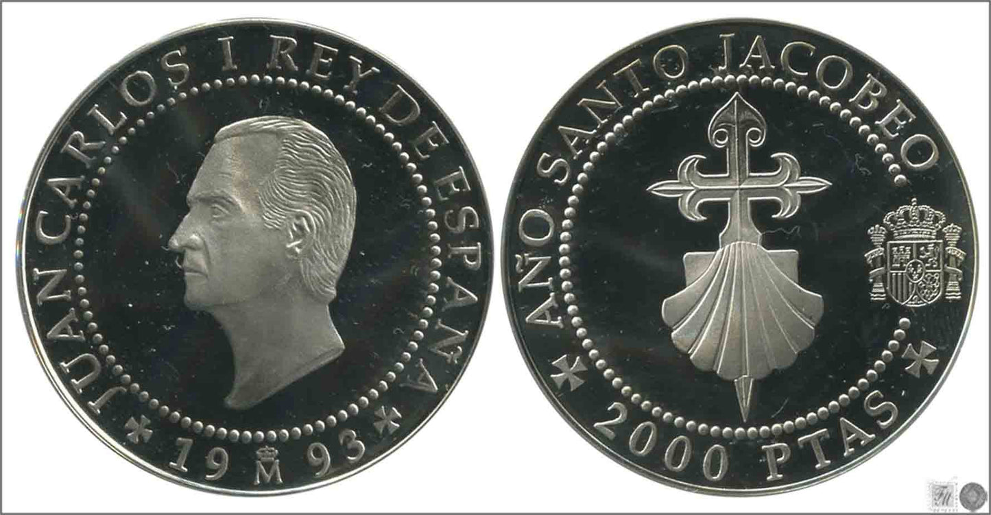 España - 1993 - Conmemorativas FNMT - Nº 00696 - PROOF - 2000 ptas. Jacobeo´93 - Cruz de Santiago / Plata / En capsula