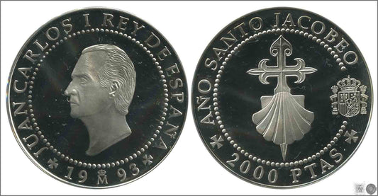 España - 1993 - Conmemorativas FNMT - Nº 00696 - PROOF - 2000 ptas. Jacobeo´93 - Cruz de Santiago / Plata / En Estuche