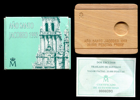 España - 1993 - Conmemorativas FNMT - Nº 00698 - PROOF - 20.000 ptas. Año Santo Jacobeo 1993 / 6,75 gr. oro puro en Estuche