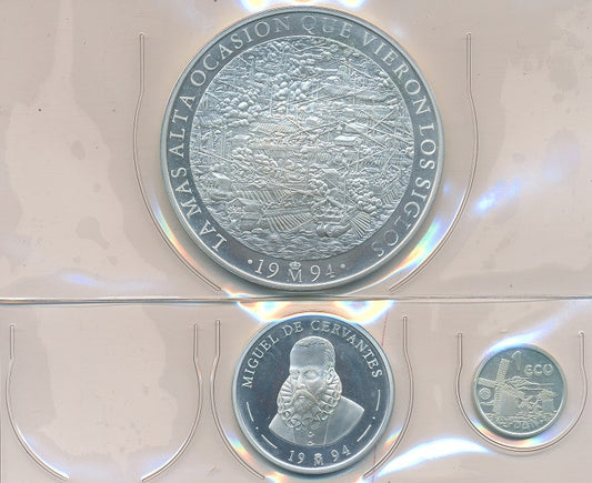 España - 1995 - Conmemorativas FNMT - Nº 00617/19 - PROOF - 1-5-25 € Cervantes año 1994 (3 monedas) / 209,09 gr. plata