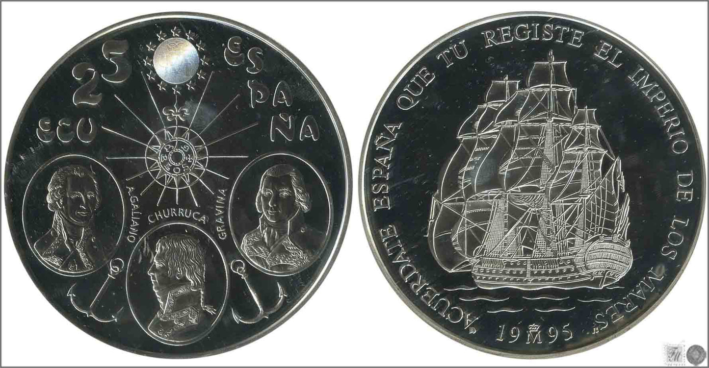 España - 1995 - Conmemorativas FNMT - Nº 00623 - PROOF - 25 Ecu - 1995 Marina / 168,75 gr. plata / En estuche