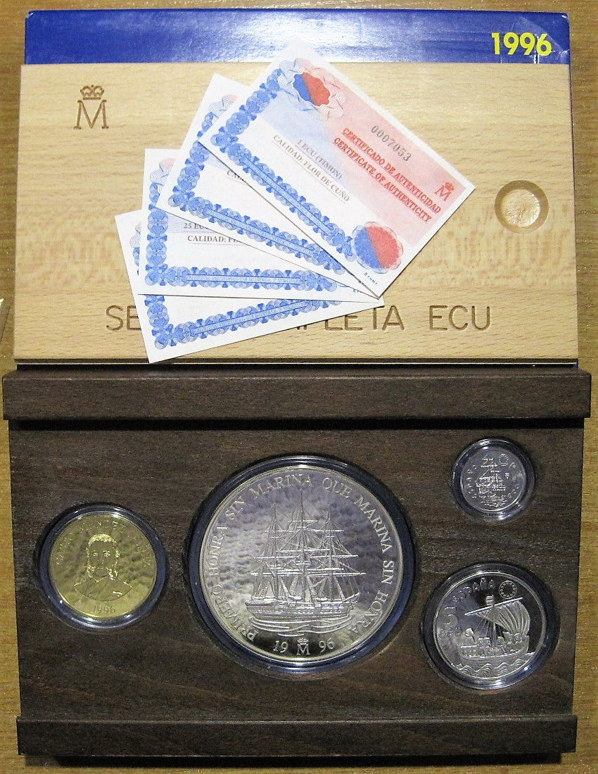 España - 1996 - Conmemorativas FNMT - Nº 00625/27 - PROOF - 1-5-25-100 € Marina Española II año 1996 / 4 monedas / 1 de oro 34,6