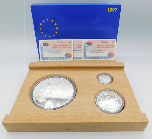 España - 1997 - Conmemorativas FNMT - PROOF - 1-5-25 € Aviación Española 1997 (3 monedas) / 209,09 gr. plata / En estuche