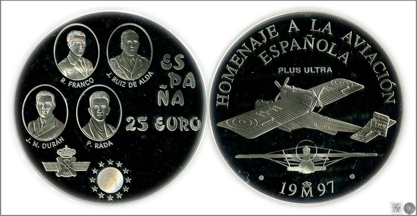 España - 1997 - Conmemorativas FNMT - PROOF - 25 € Aviación Española 1997 / En Capsula / 168,75 gr. plata con certificado