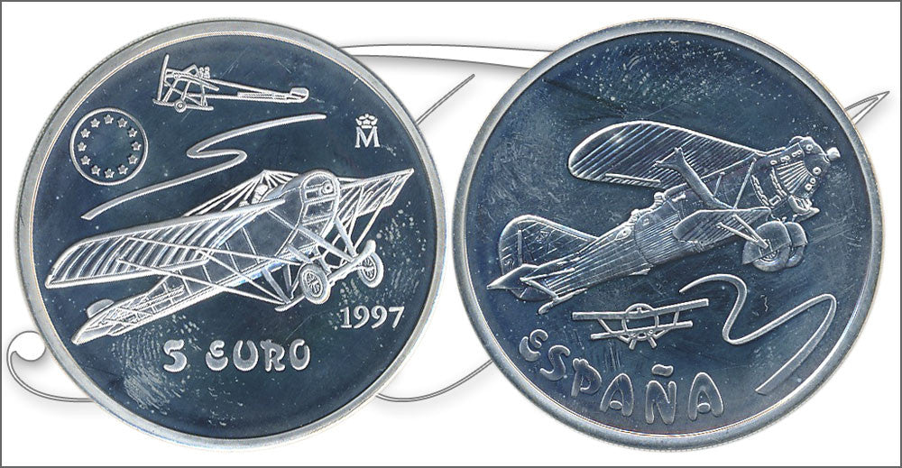 España - 1997 - Conmemorativas FNMT - PROOF - 5 € 1997 Aviación Española / En estuche / 33,62 gr. plata / Una onza de plata