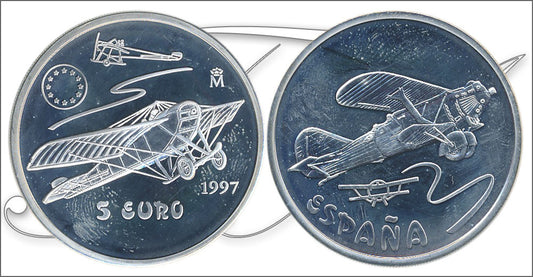 España - 1997 - Conmemorativas FNMT - PROOF - 5 € 1997 Aviación Española / En estuche / 33,62 gr. plata / Una onza de plata