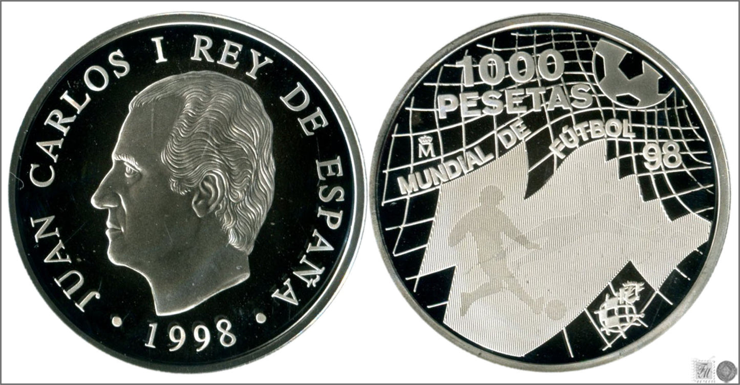 España - 1998 - Conmemorativas FNMT - Nº 00587 - PROOF - 1000 ptas. Mundial Futbol 1998 / 13,50 gr. plata